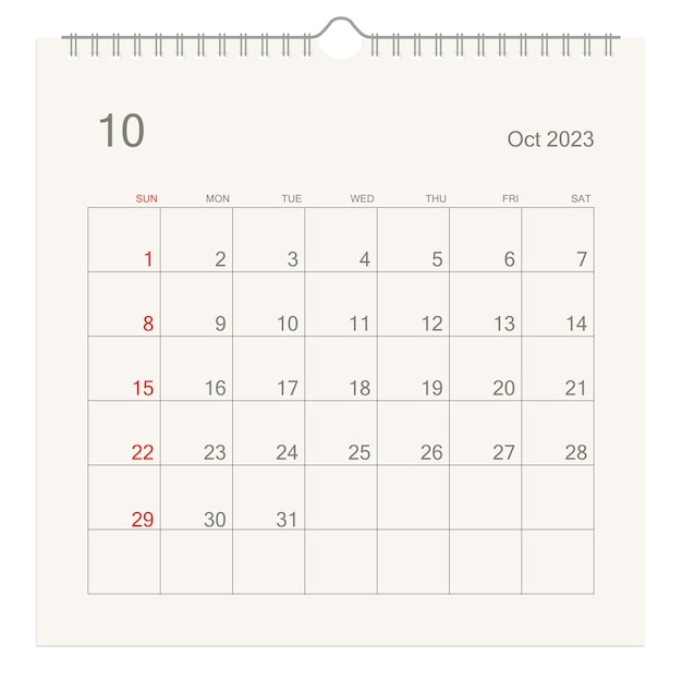 October 2023 calendar page on white background Calendar background for reminder business planning appointment meeting and event Week starts from Sunday Vector