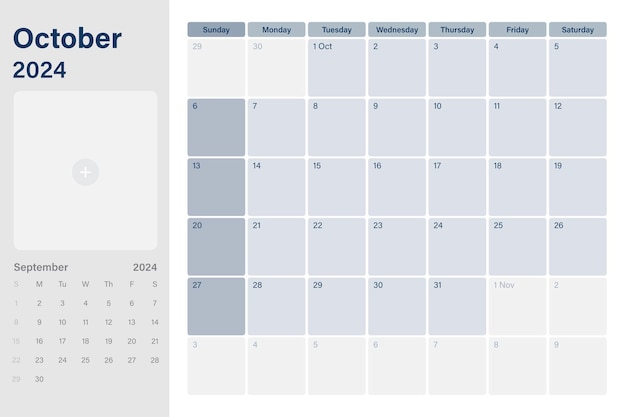 Vector october 2024 calendar desk planner with space for your picture weeks start on sunday