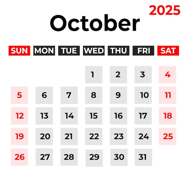 Vector october 2025 monthly calendar design week starts from sunday