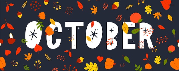 October lettering text sale vector banner with colorful autumn leaves