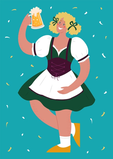 Octoberfest Beer Festival A woman in a national German costume holds a mug of beer Vector colorful flat illustration