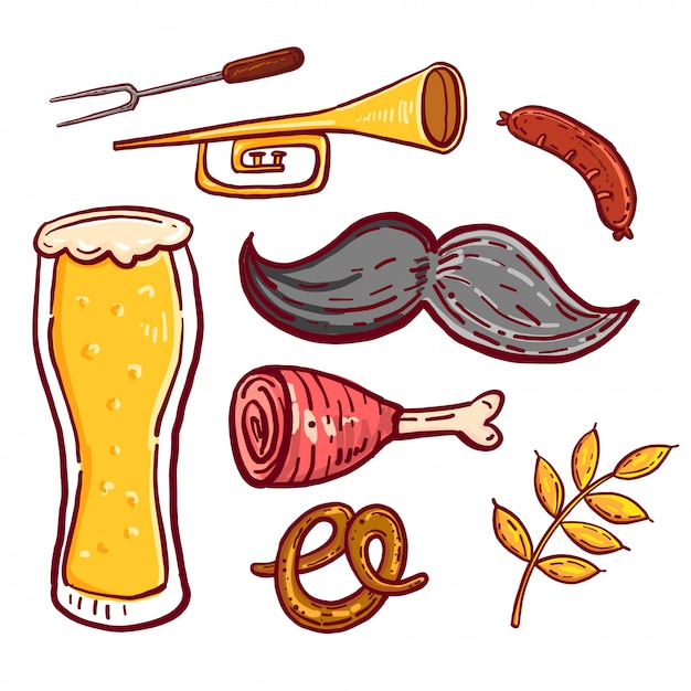 Vector octoberfest doodle icon set on isolated white background.