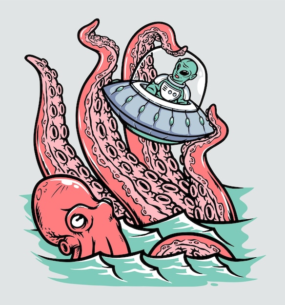 octopus attacks ufo crossing the sea illustration