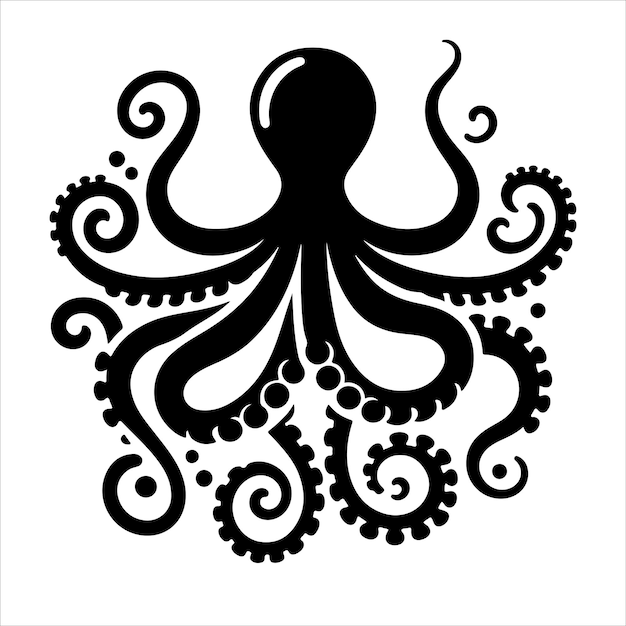 Octopus in cartoon design monochrome limbs of the sea monster Kraken silhouette vector