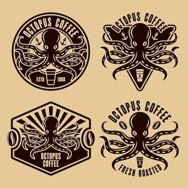 Octopus coffee set of four vector emblems badges or logo concepts in vintage style illustration