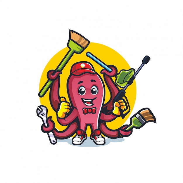 Octopus Home Cleaning cartoon mascot vector drawing