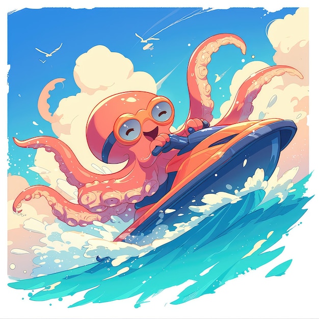 An octopus is riding a jet ski cartoon style