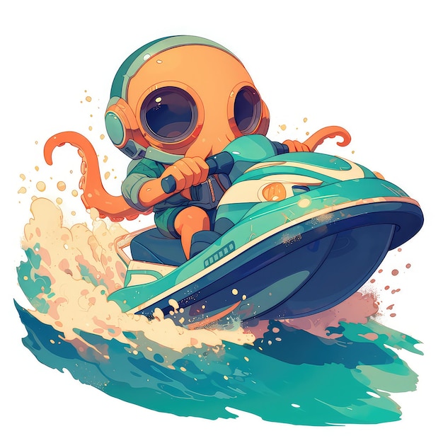 An octopus is riding a jet ski cartoon style