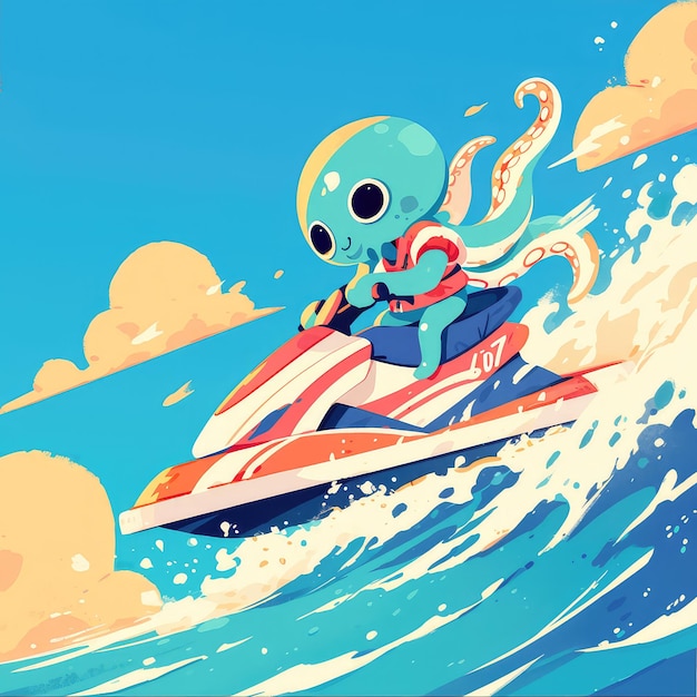 An octopus is riding a jet ski cartoon style