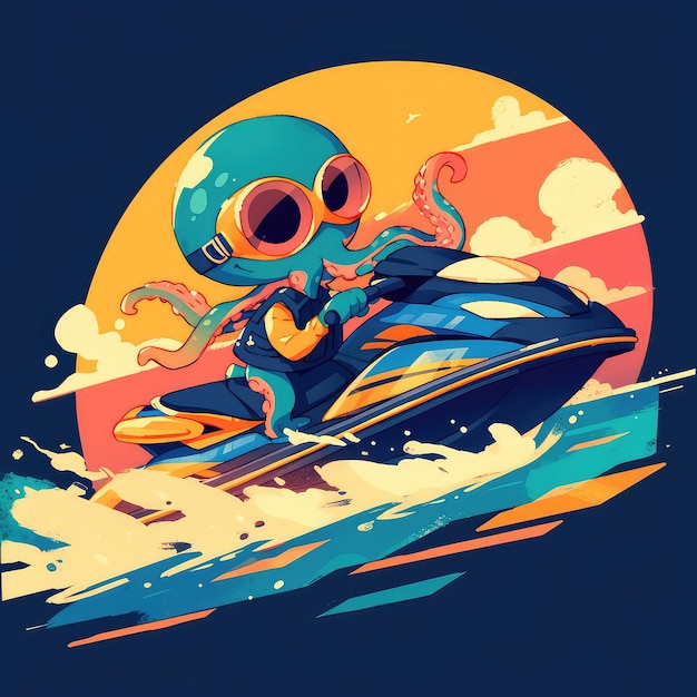 An octopus is riding a jet ski cartoon style