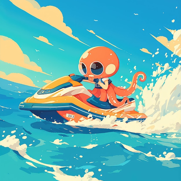 An octopus is riding a jet ski cartoon style