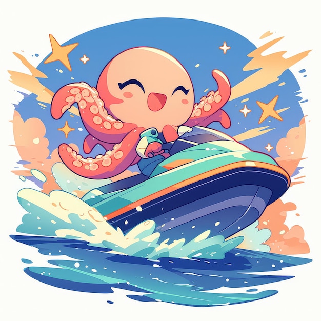 An octopus is riding a jet ski cartoon style