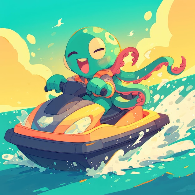 An octopus is riding a jet ski cartoon style