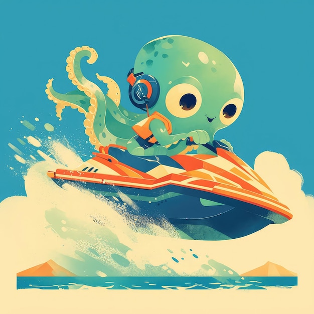 An octopus is riding a jet ski cartoon style