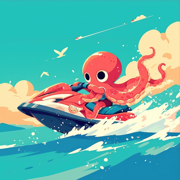 An octopus is riding a jet ski cartoon style