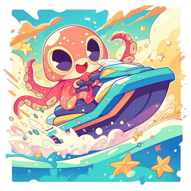 An octopus is riding a jet ski cartoon style