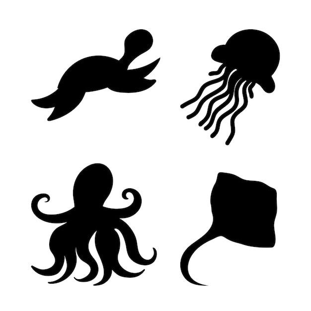 Octopus jellyfish stingray sea turtle silhouette Vector illustration World day ocean sea animal