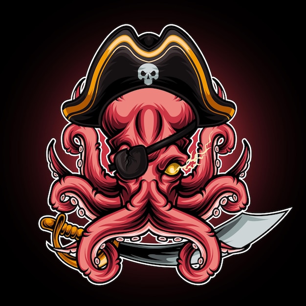 octopus monster with hat and pirate sword vector illustration