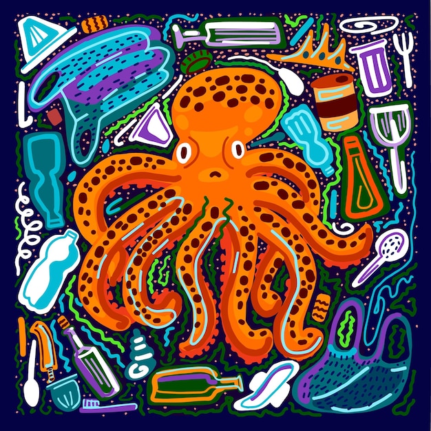 Octopus in the ocean of garbage. Around the octopus are personal hygiene items, plastic dishes, garbage from food and seaweed. Zero waste. Ecology.