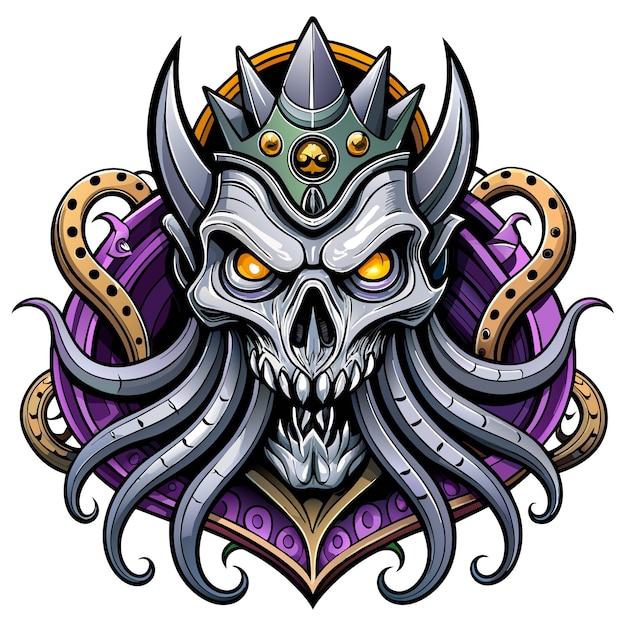 Octopus octoskull evil hand drawn cartoon character sticker icon concept isolated illustration