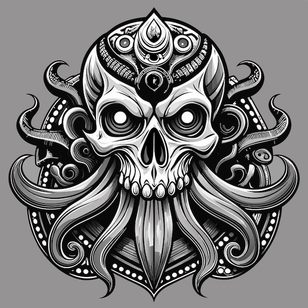 Octopus octoskull evil hand drawn cartoon character sticker icon concept isolated illustration