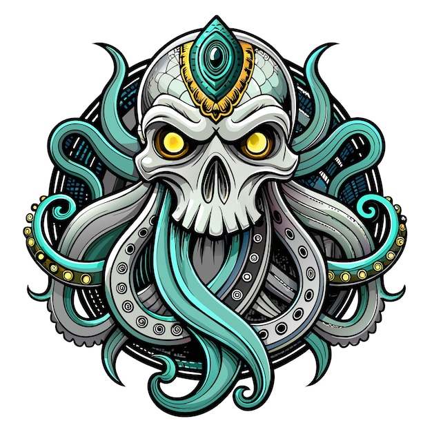 Octopus octoskull evil hand drawn cartoon character sticker icon concept isolated illustration