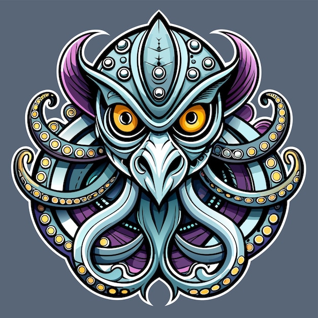 Octopus octoskull evil hand drawn cartoon character sticker icon concept isolated illustration