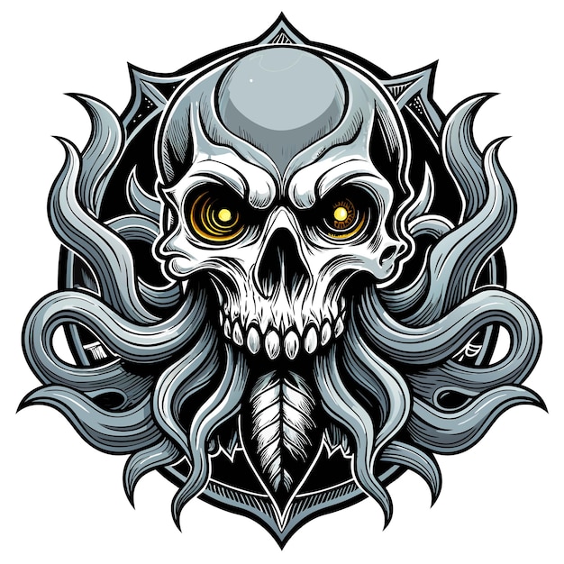 Octopus octoskull evil hand drawn cartoon character sticker icon concept isolated illustration