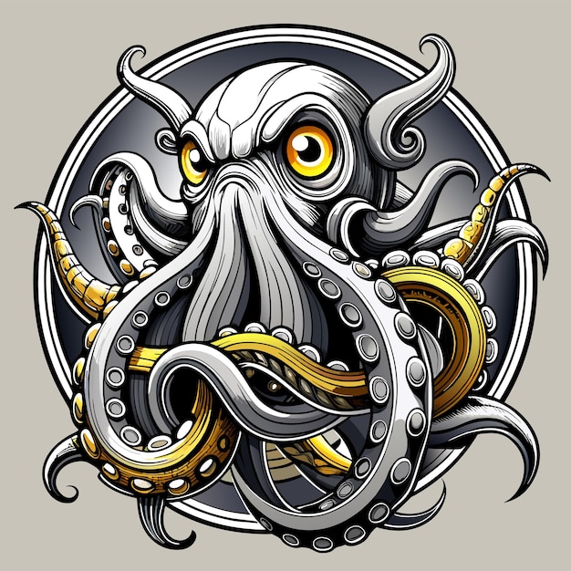 Octopus octoskull evil hand drawn cartoon character sticker icon concept isolated illustration