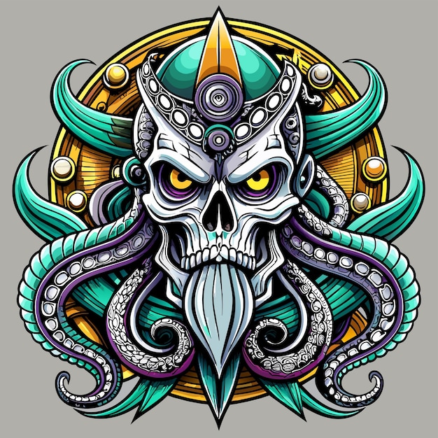 Octopus octoskull evil hand drawn cartoon character sticker icon concept isolated illustration