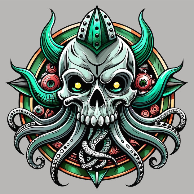 Octopus octoskull evil hand drawn cartoon character sticker icon concept isolated illustration