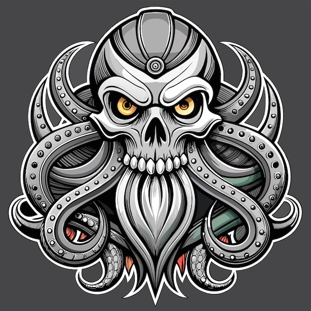 Octopus octoskull evil hand drawn cartoon character sticker icon concept isolated illustration