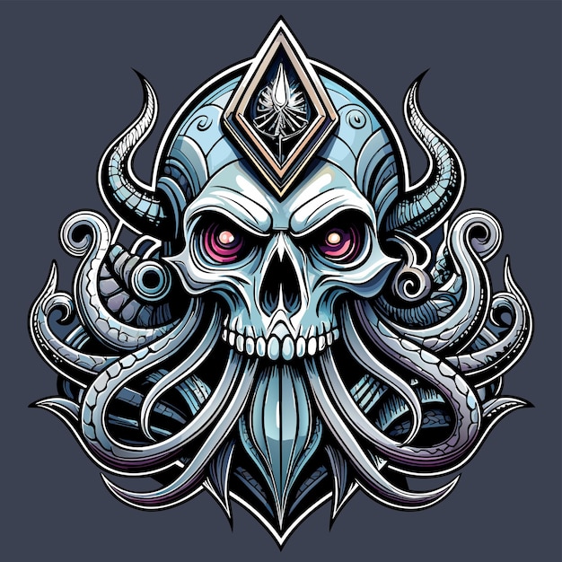 Octopus octoskull evil hand drawn cartoon character sticker icon concept isolated illustration