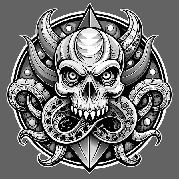 Octopus octoskull evil hand drawn cartoon character sticker icon concept isolated illustration