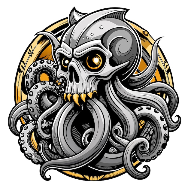 Octopus octoskull evil hand drawn cartoon character sticker icon concept isolated illustration