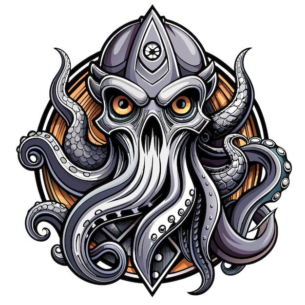 Octopus octoskull evil hand drawn cartoon character sticker icon concept isolated illustration