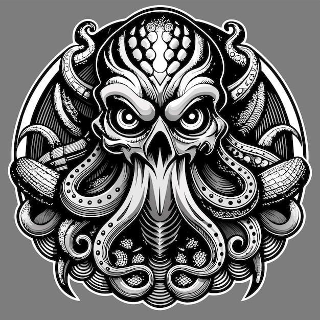 Octopus octoskull evil hand drawn cartoon character sticker icon concept isolated illustration