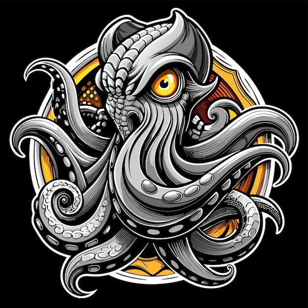 Octopus octoskull evil hand drawn cartoon character sticker icon concept isolated illustration