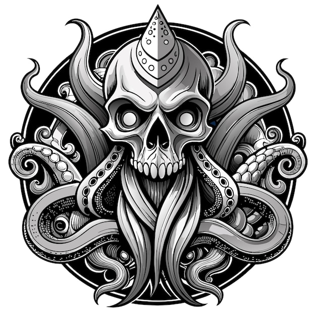 Octopus octoskull evil hand drawn cartoon character sticker icon concept isolated illustration