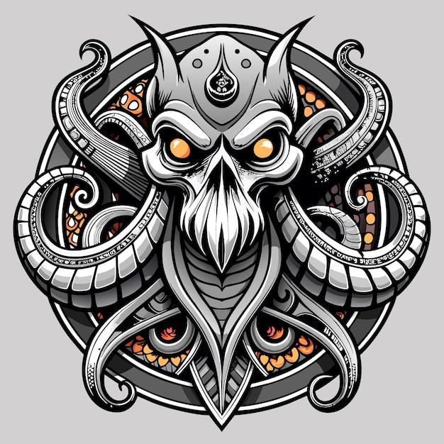 Octopus octoskull evil hand drawn cartoon character sticker icon concept isolated illustration