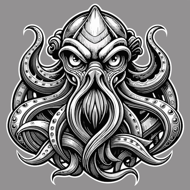 Octopus octoskull evil hand drawn cartoon character sticker icon concept isolated illustration