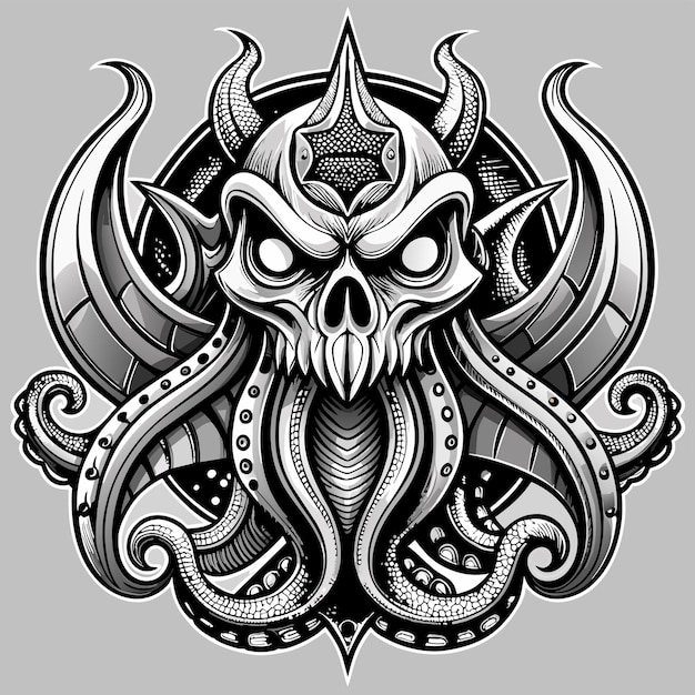 Octopus octoskull evil hand drawn cartoon character sticker icon concept isolated illustration