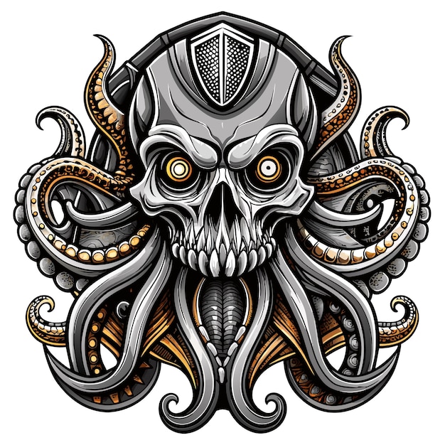 Octopus octoskull evil hand drawn cartoon character sticker icon concept isolated illustration