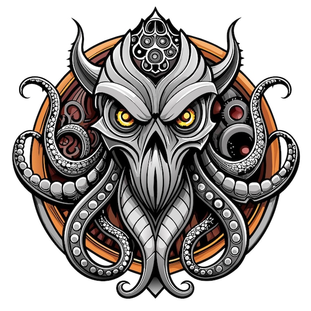 Octopus octoskull evil hand drawn cartoon character sticker icon concept isolated illustration