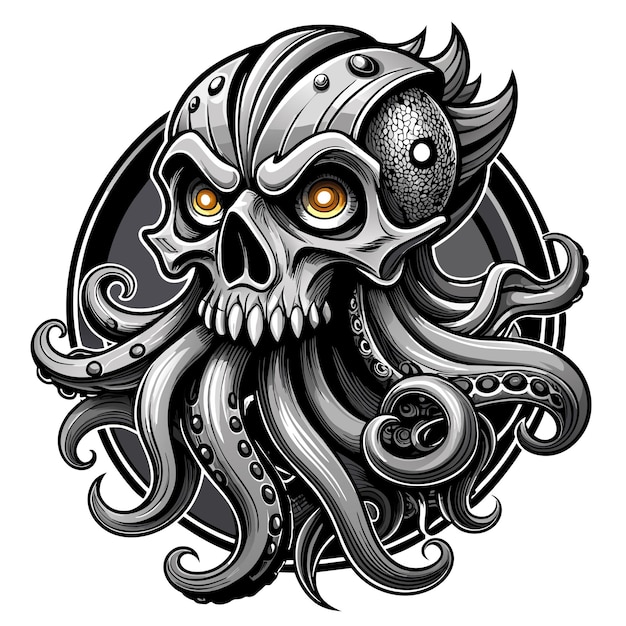 Octopus octoskull evil hand drawn cartoon character sticker icon concept isolated illustration