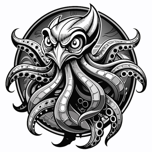 Octopus octoskull evil hand drawn cartoon character sticker icon concept isolated illustration