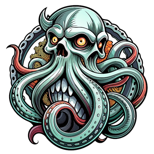 Octopus octoskull evil hand drawn cartoon character sticker icon concept isolated illustration