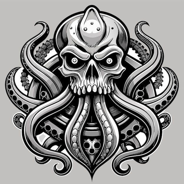 Octopus octoskull evil hand drawn cartoon character sticker icon concept isolated illustration