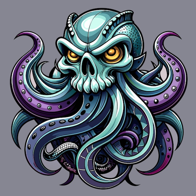 Octopus octoskull evil hand drawn cartoon character sticker icon concept isolated illustration