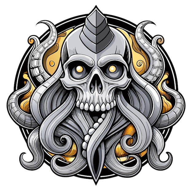 Octopus octoskull evil hand drawn cartoon character sticker icon concept isolated illustration